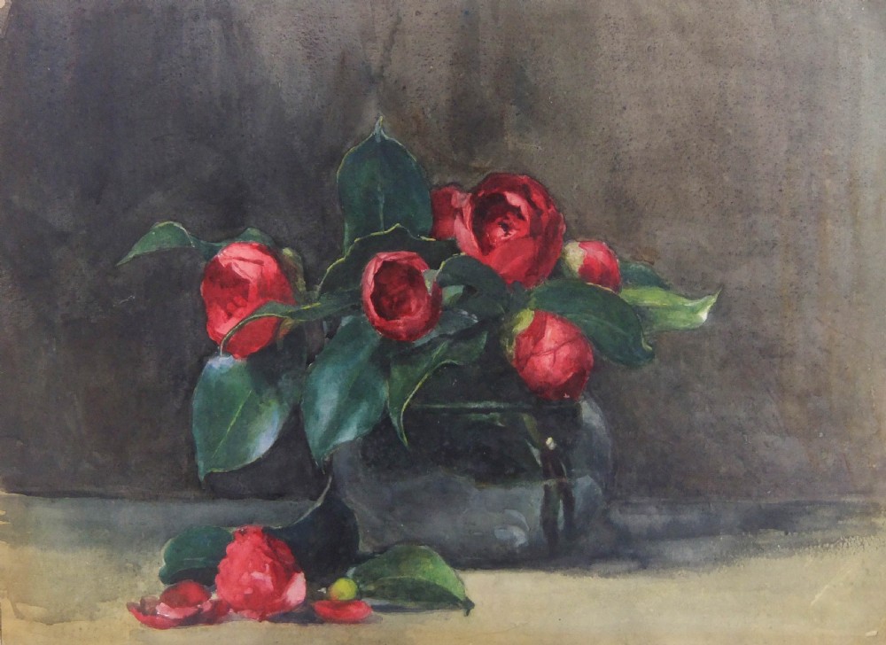 A watercolour painting depicting red camellia flowers arranged in a glass vessel with fallen petals on a flat surface.