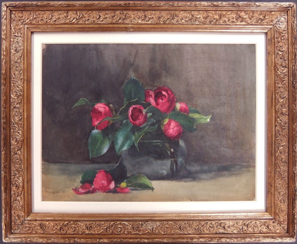A watercolour painting depicting red camellia flowers arranged in a glass vessel with fallen petals on a flat surface. View II