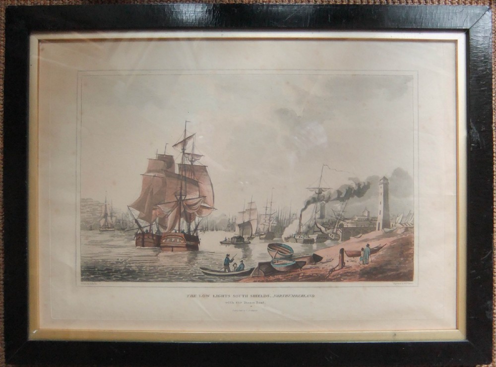 A set of six framed nineteenth-century aquatint prints depicting British coastal, harbour, and maritime shipping scenes arranged in two rows of three. View II