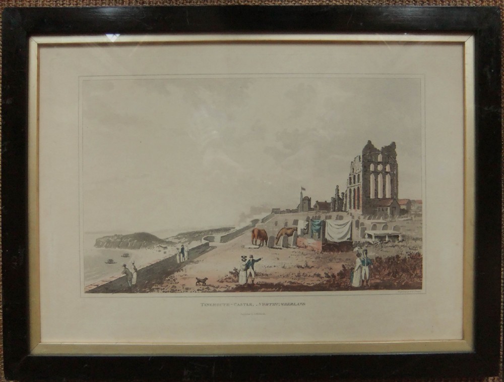 A set of six framed nineteenth-century aquatint prints depicting British coastal, harbour, and maritime shipping scenes arranged in two rows of three. View III