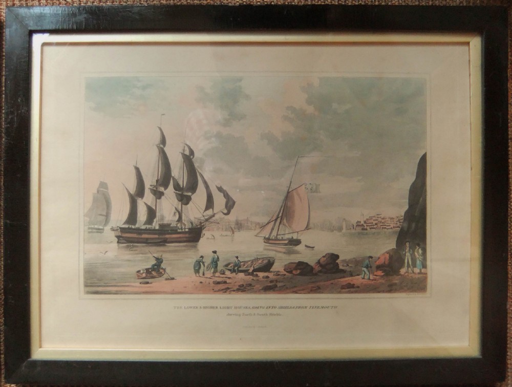 A set of six framed nineteenth-century aquatint prints depicting British coastal, harbour, and maritime shipping scenes arranged in two rows of three. View IV