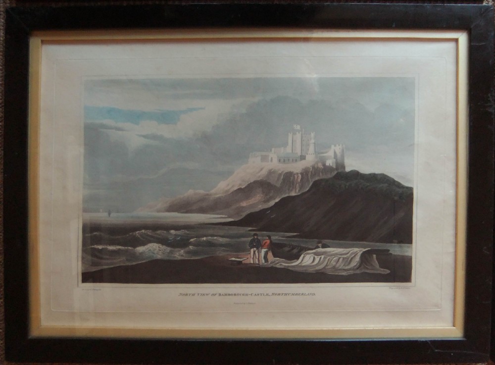 A set of six framed nineteenth-century aquatint prints depicting British coastal, harbour, and maritime shipping scenes arranged in two rows of three. View V