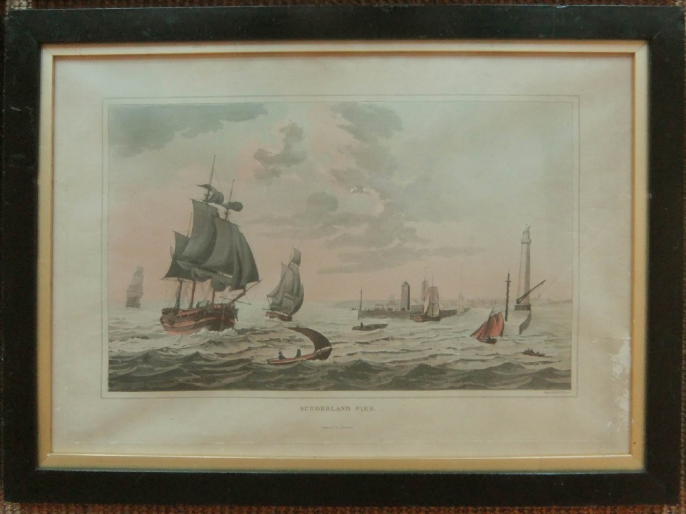 A set of six framed nineteenth-century aquatint prints depicting British coastal, harbour, and maritime shipping scenes arranged in two rows of three. View VI