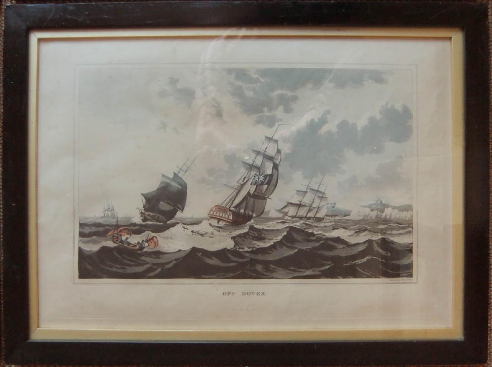 A set of six framed nineteenth-century aquatint prints depicting British coastal, harbour, and maritime shipping scenes arranged in two rows of three. View VII