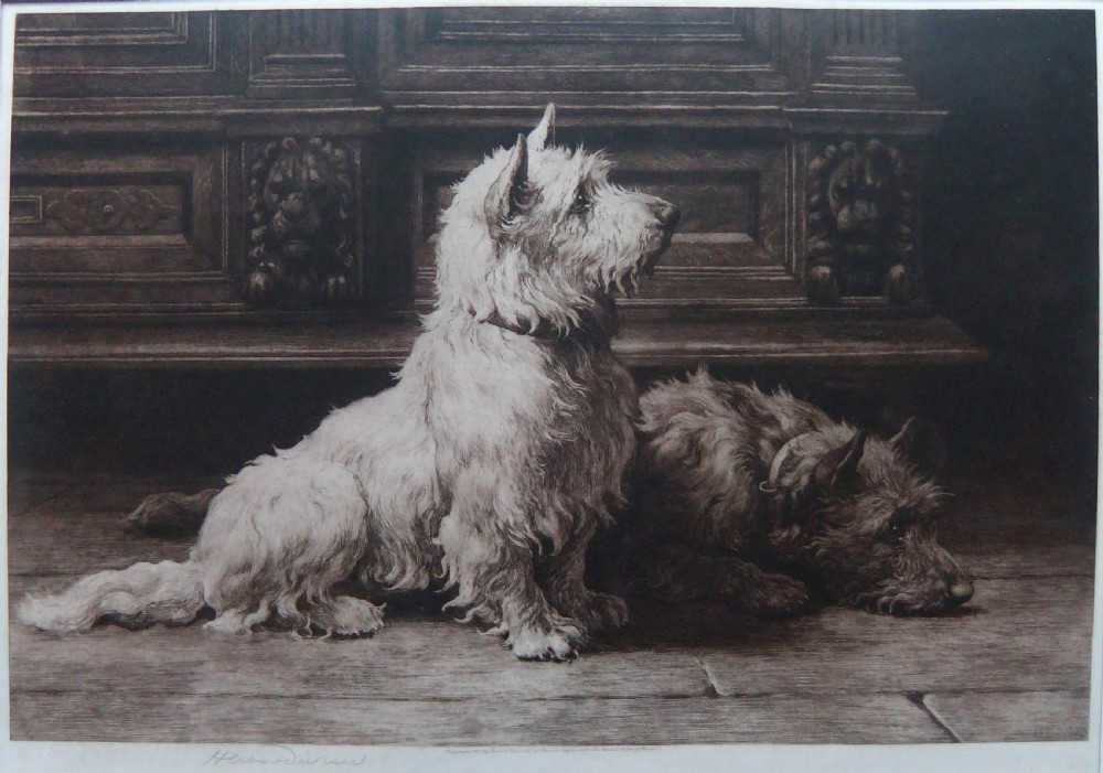 An original sepia etching titled Footsteps by Herbert Dicksee depicting two terriers resting on a stone floor beside carved timber panelling.