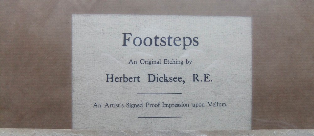 An original sepia etching titled Footsteps by Herbert Dicksee depicting two terriers resting on a stone floor beside carved timber panelling. View IV