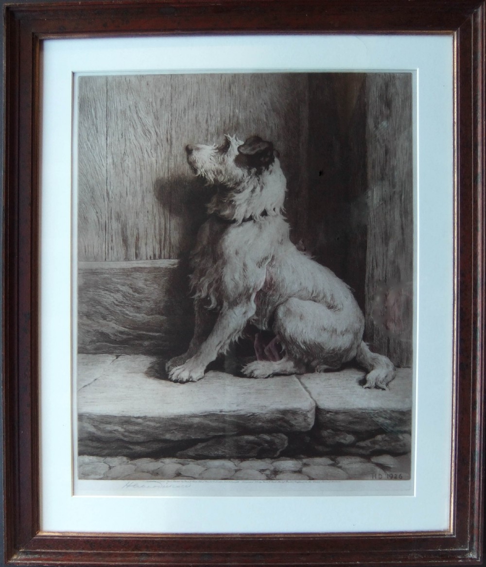 A monochrome etching depicting a wire-haired terrier sitting on a stone step beside a wooden door, signed in pencil by Herbert Dicksee. View II