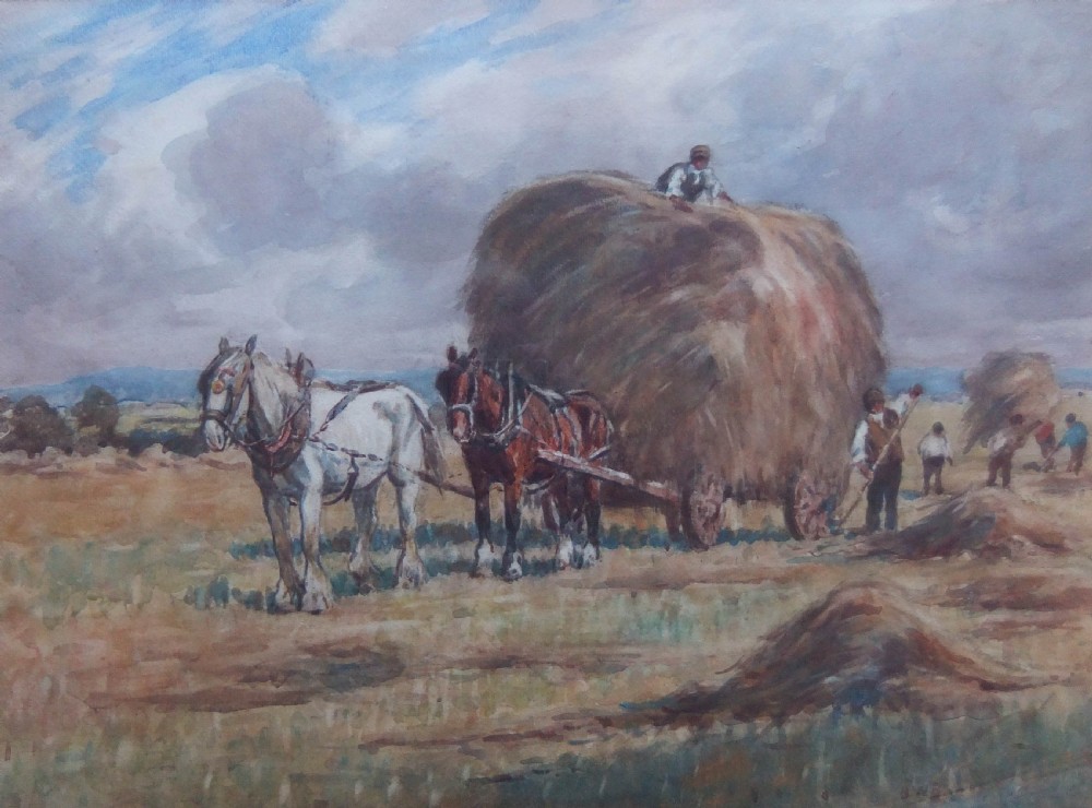 A pastoral watercolour painting depicting two heavy draught horses pulling a fully loaded hay cart in an open field under a cloudy blue sky.