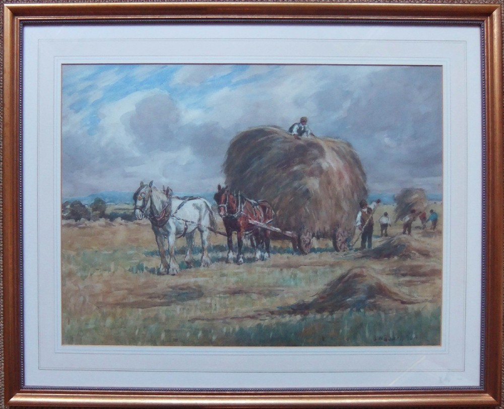 A pastoral watercolour painting depicting two heavy draught horses pulling a fully loaded hay cart in an open field under a cloudy blue sky. View II
