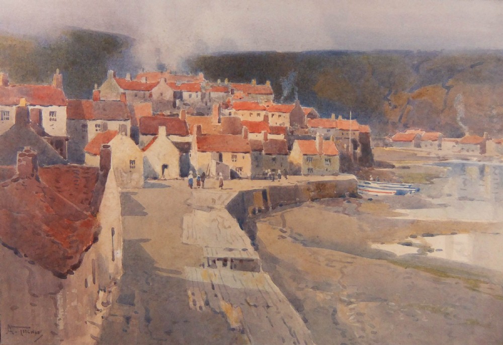An antique watercolour painting depicting the coastal village of Staithes in Yorkshire with red-roofed cottages, a harbour wall, and figures along the shore.