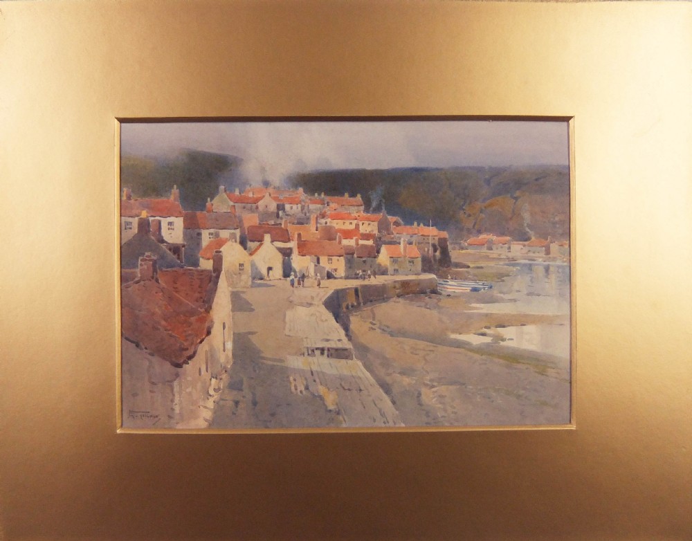 An antique watercolour painting depicting the coastal village of Staithes in Yorkshire with red-roofed cottages, a harbour wall, and figures along the shore. View II