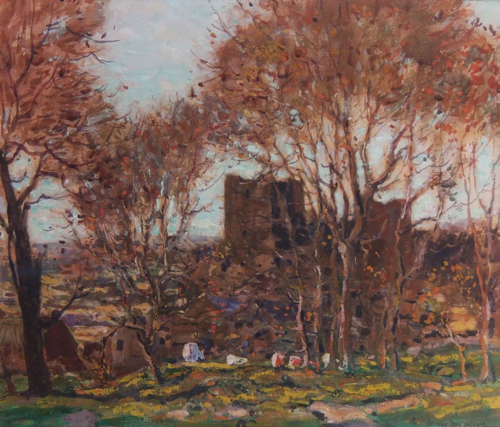 An autumn landscape watercolour painting depicting Bolton Castle framed by russet trees with warm ochre and terracotta foliage under a pale sky.