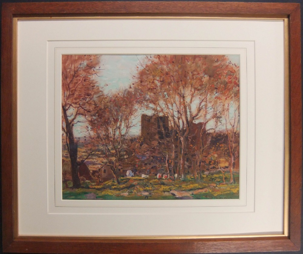 An autumn landscape watercolour painting depicting Bolton Castle framed by russet trees with warm ochre and terracotta foliage under a pale sky. View II