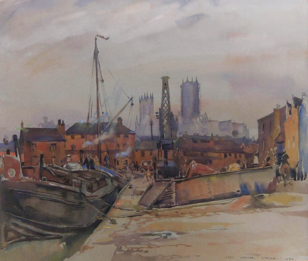 A watercolour painting depicting barges docked along a harbour with Lincoln Cathedral visible in the misty background.