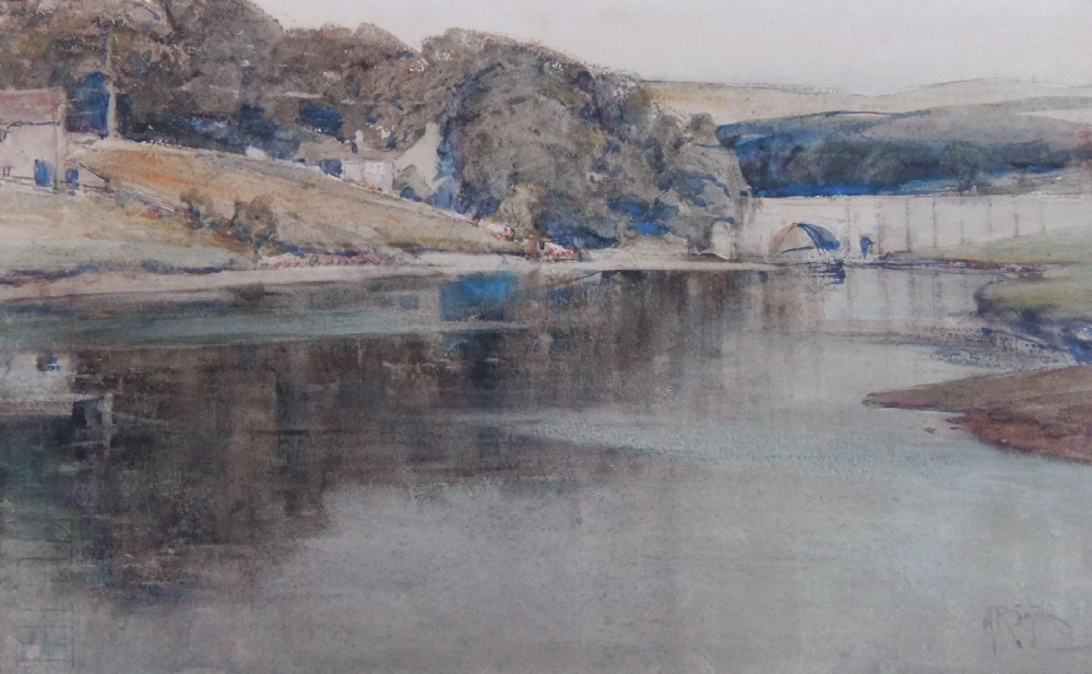 A horizontal landscape watercolour painting depicting a river reflecting hills, trees, cottages, and an arched stone bridge in muted blue, grey, and earthy tones.