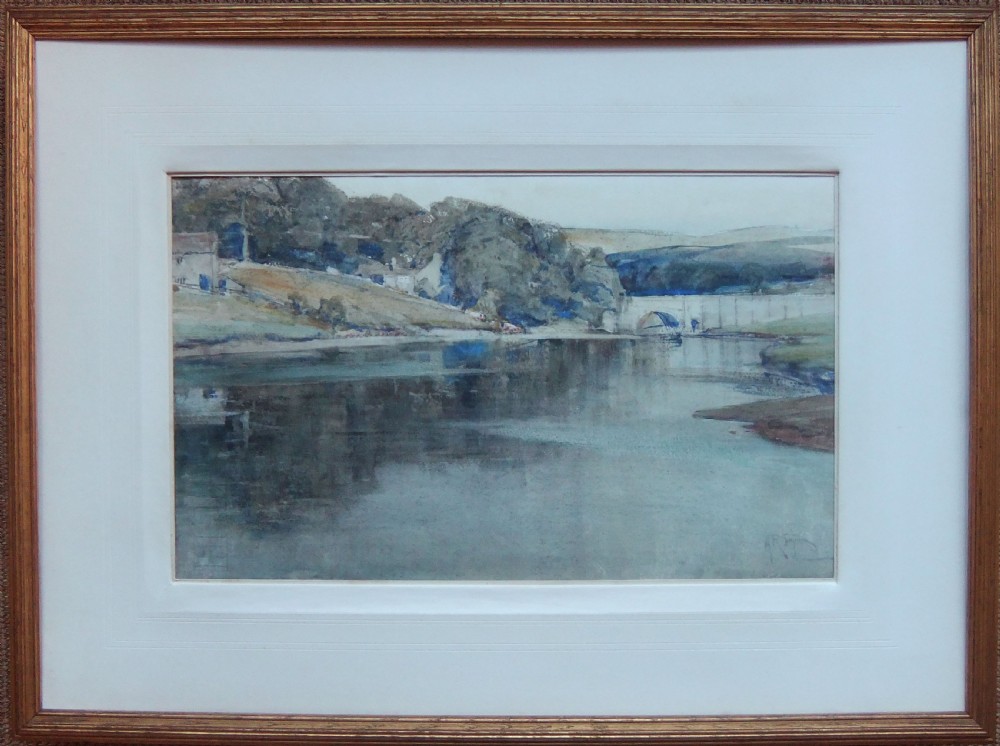 A horizontal landscape watercolour painting depicting a river reflecting hills, trees, cottages, and an arched stone bridge in muted blue, grey, and earthy tones. View III