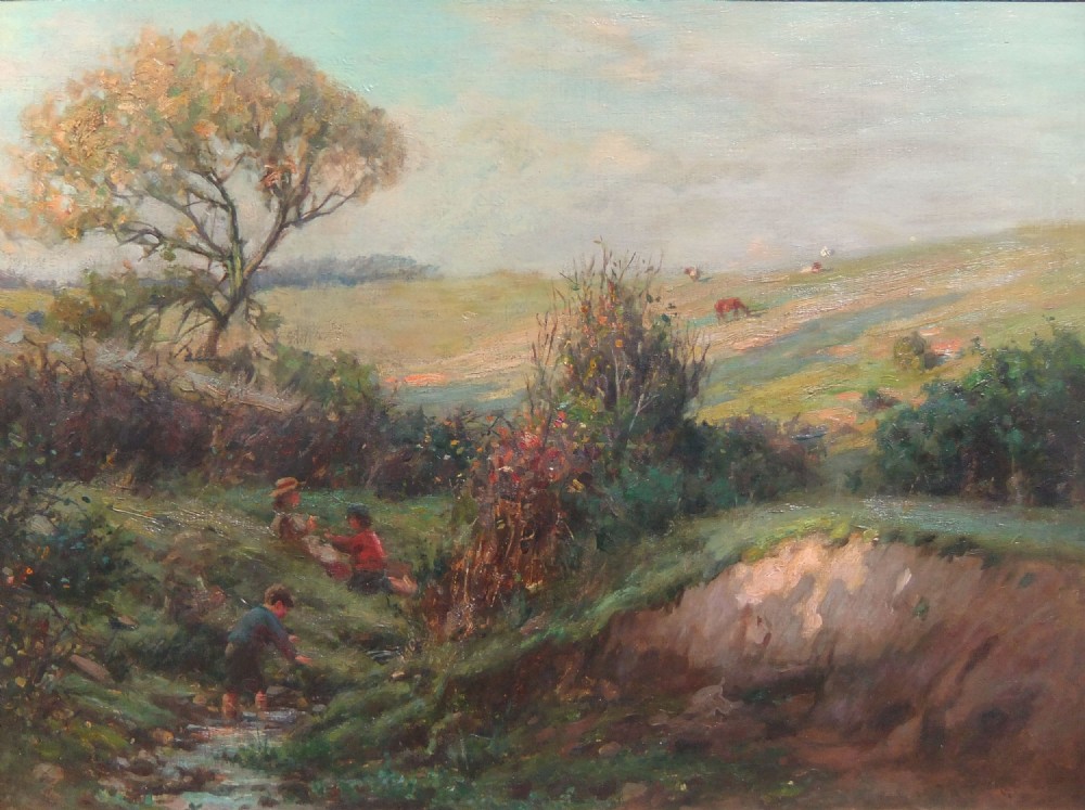 An impressionist oil painting depicting figures beside a small stream within a rolling green rural landscape under a soft sky.