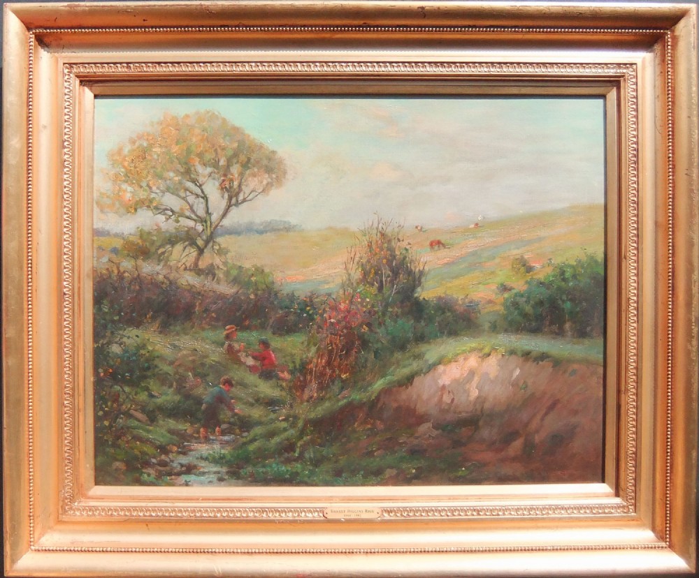 An impressionist oil painting depicting figures beside a small stream within a rolling green rural landscape under a soft sky. View II