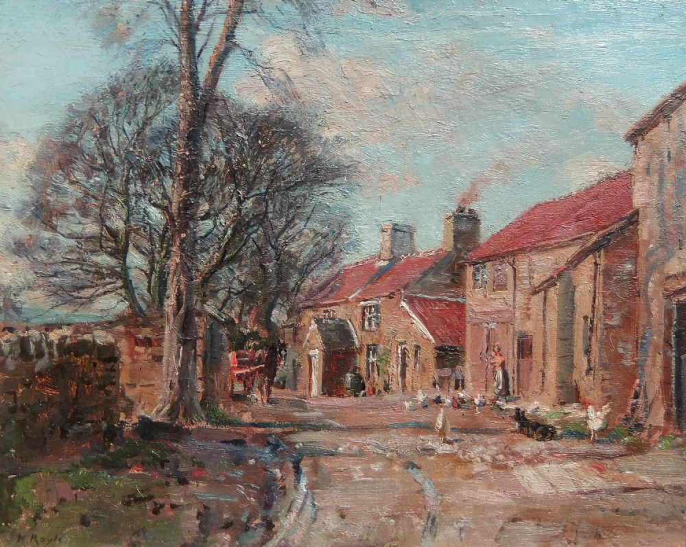 An impressionist oil painting on canvas illustrating stone cottages and farm animals in a rural village setting under a pale blue sky.