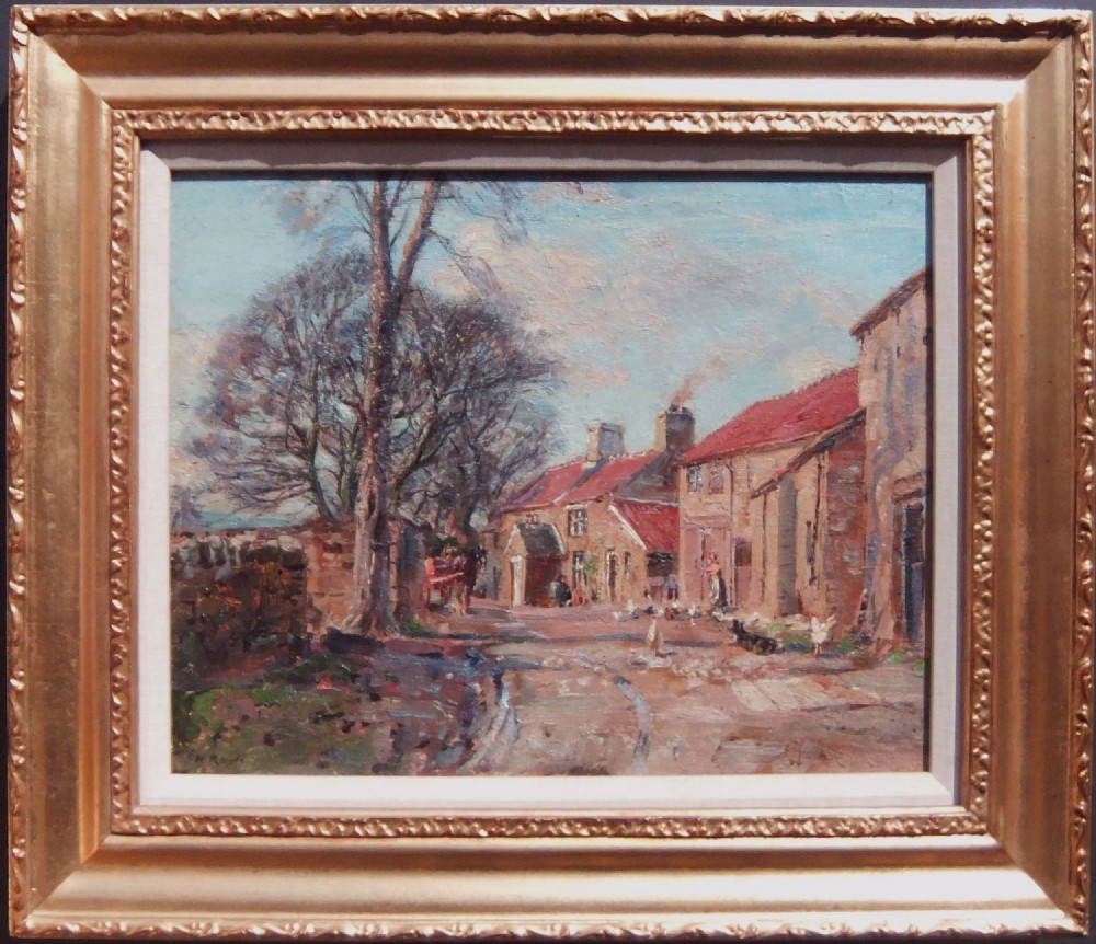 An impressionist oil painting on canvas illustrating stone cottages and farm animals in a rural village setting under a pale blue sky. View II