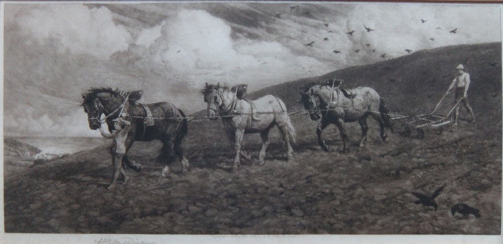A panoramic monochrome etching depicting three heavy horses pulling a plough through a hilly field guided by two farm workers beneath a cloudy sky.