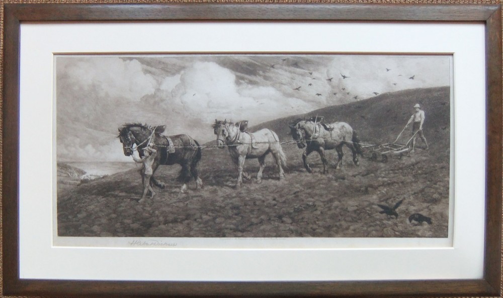A panoramic monochrome etching depicting three heavy horses pulling a plough through a hilly field guided by two farm workers beneath a cloudy sky. View II
