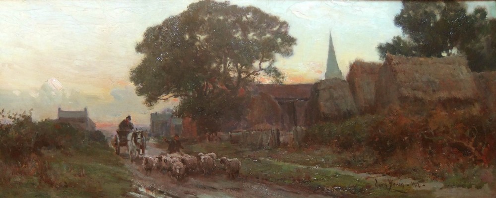 An oil painting on canvas depicting a shepherd driving a flock of sheep down a rural dirt road beside thatched farm buildings at dusk.