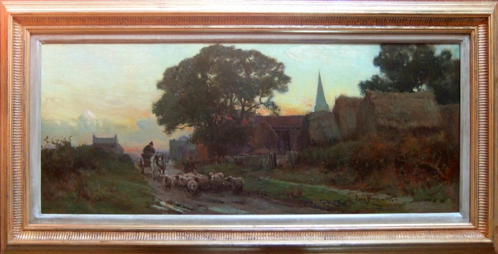 An oil painting on canvas depicting a shepherd driving a flock of sheep down a rural dirt road beside thatched farm buildings at dusk. View II