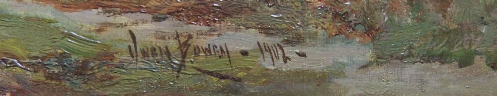 An oil painting on canvas depicting a shepherd driving a flock of sheep down a rural dirt road beside thatched farm buildings at dusk. View III