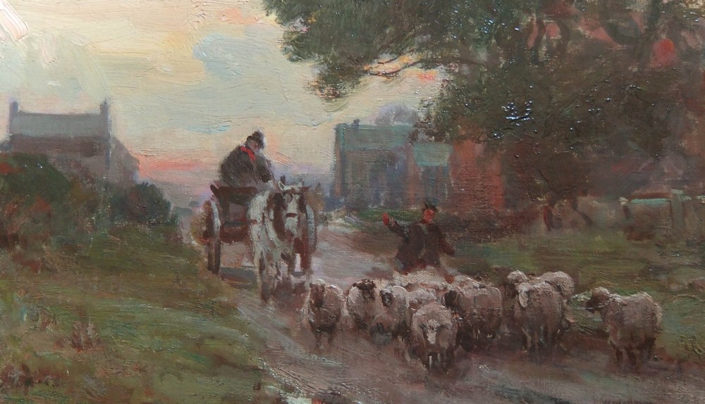 An oil painting on canvas depicting a shepherd driving a flock of sheep down a rural dirt road beside thatched farm buildings at dusk. View IV