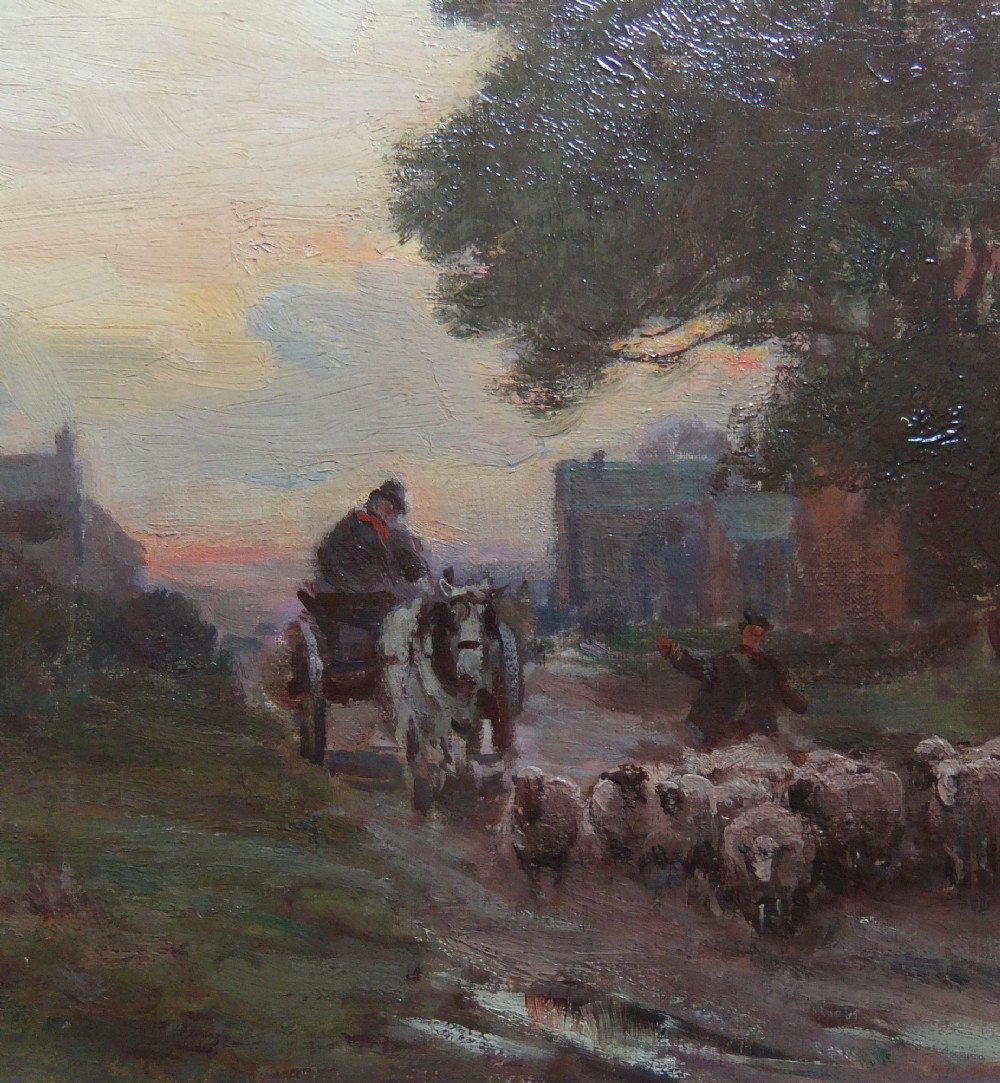 An oil painting on canvas depicting a shepherd driving a flock of sheep down a rural dirt road beside thatched farm buildings at dusk. View V