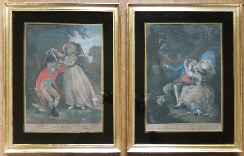 An eighteenth-century hand-coloured mezzotint print titled Henry and Emma set within a black glass mount and a gilded wooden frame. View II
