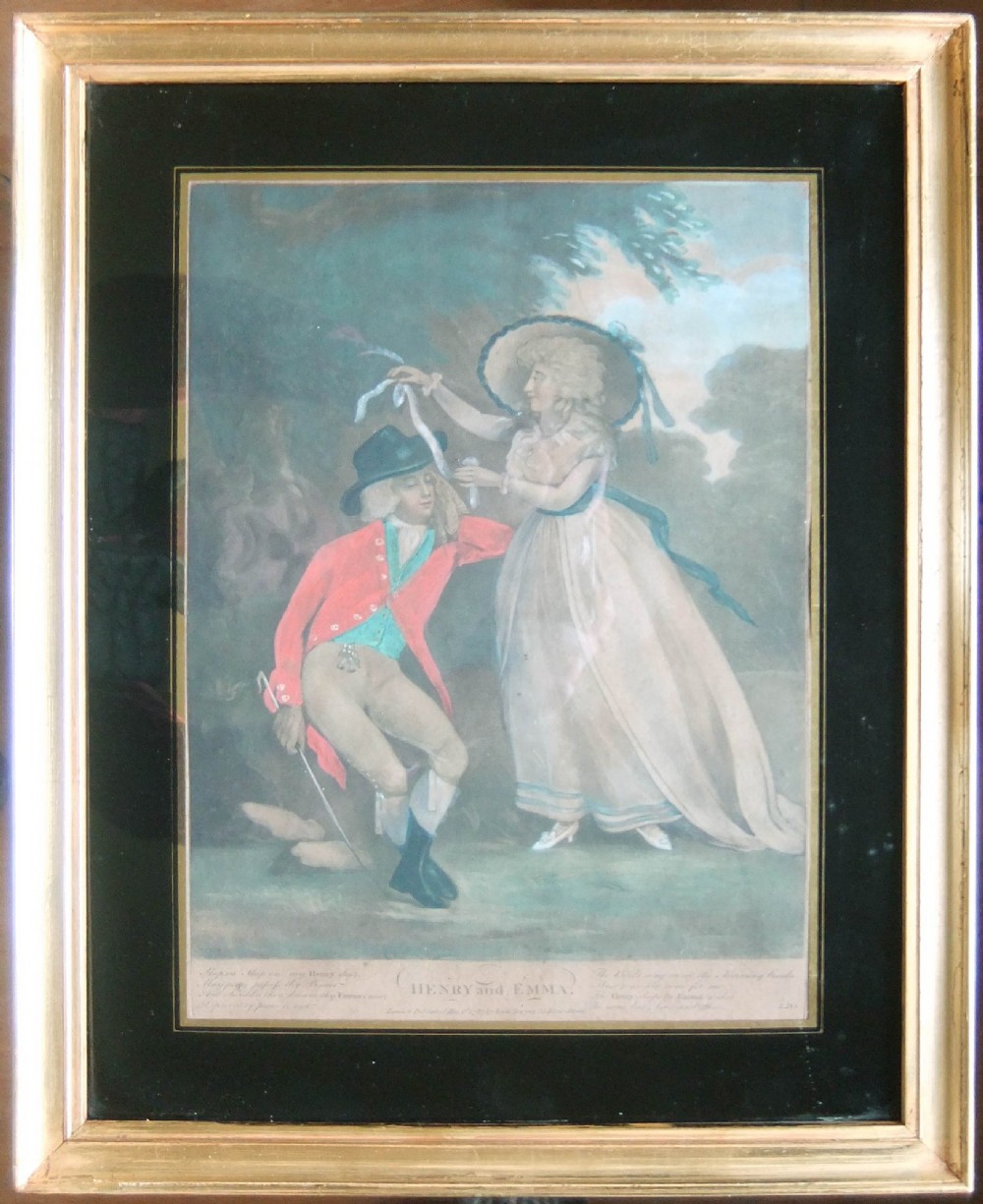 An eighteenth-century hand-coloured mezzotint print titled Henry and Emma set within a black glass mount and a gilded wooden frame. View III