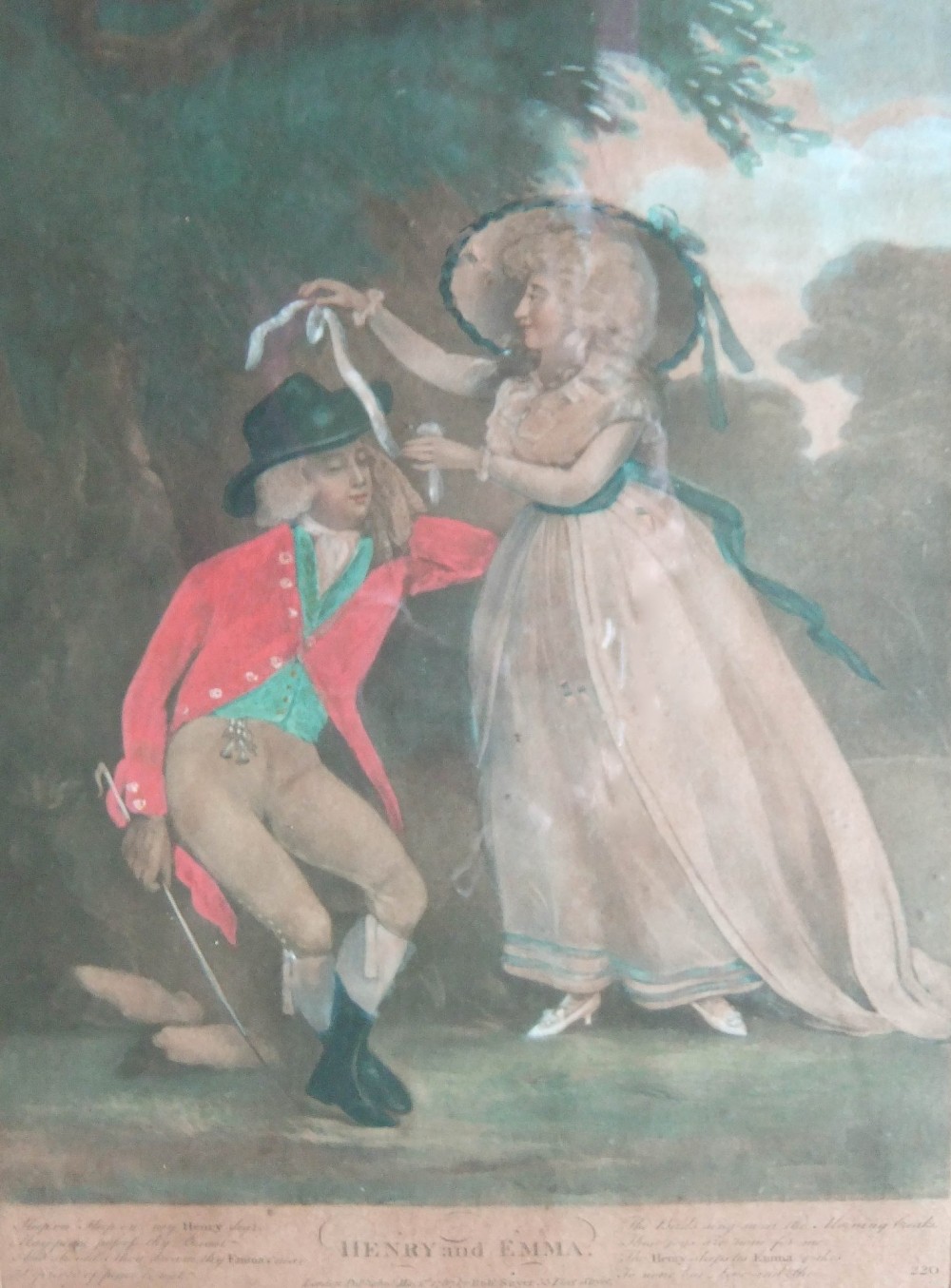 An eighteenth-century hand-coloured mezzotint print titled Henry and Emma set within a black glass mount and a gilded wooden frame. View IV