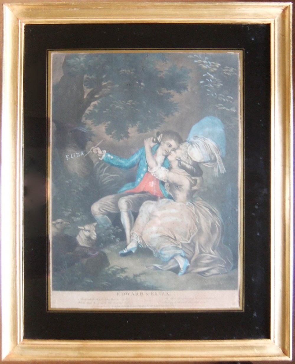 An eighteenth-century hand-coloured mezzotint print titled Henry and Emma set within a black glass mount and a gilded wooden frame. View VI