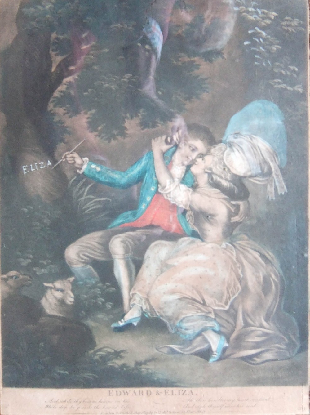 An eighteenth-century hand-coloured mezzotint print titled Henry and Emma set within a black glass mount and a gilded wooden frame. View VII