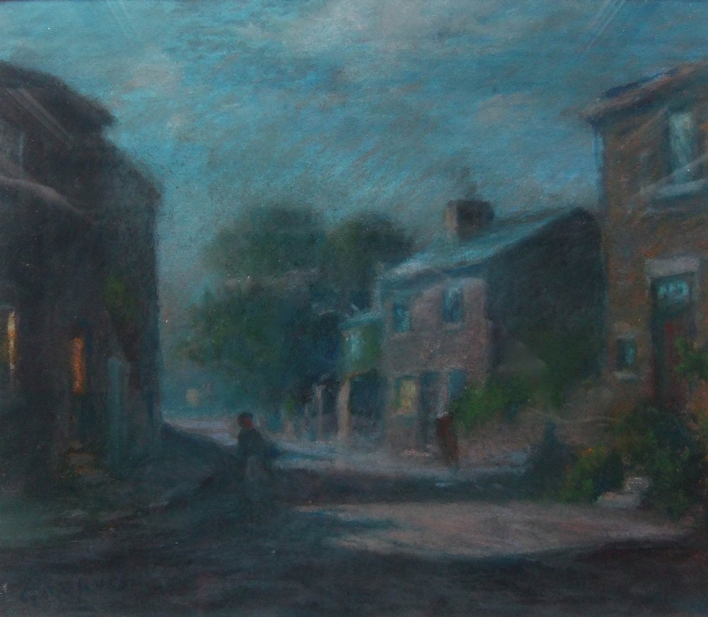 A pastel drawing depicting a dimly lit village street at dusk with stone cottages and glowing windows.
