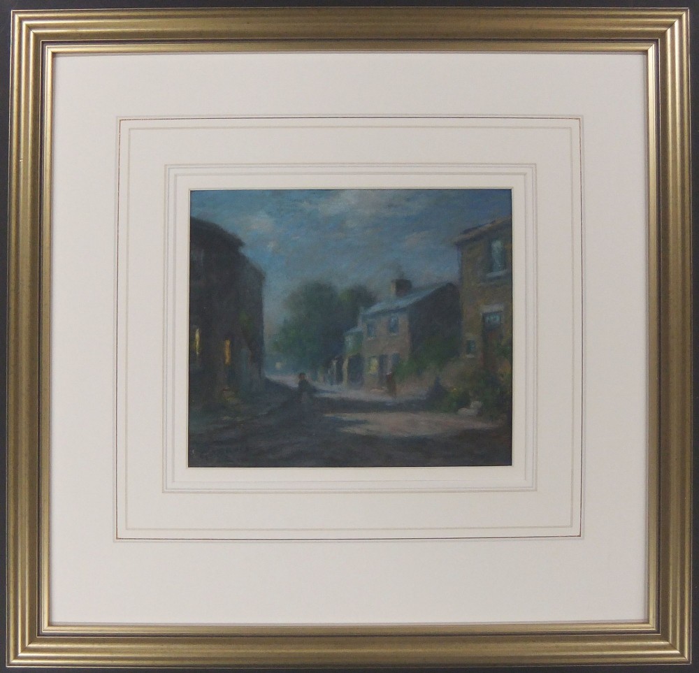 A pastel drawing depicting a dimly lit village street at dusk with stone cottages and glowing windows. View II