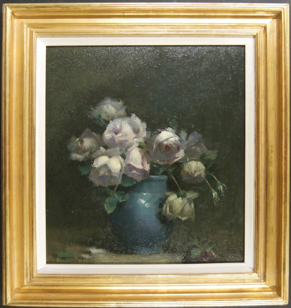 An oil painting depicting an arrangement of pale cream and pink roses in a small blue ceramic vase set against a dark muted background. View II