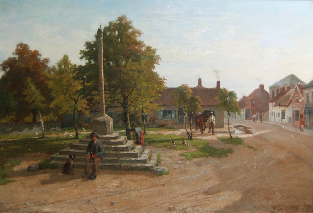 An antique oil painting depicting a historic English village square in Thornton le Dale, featuring a stone market cross, seated figure with a dog, and rural cottages under a daylight sky.