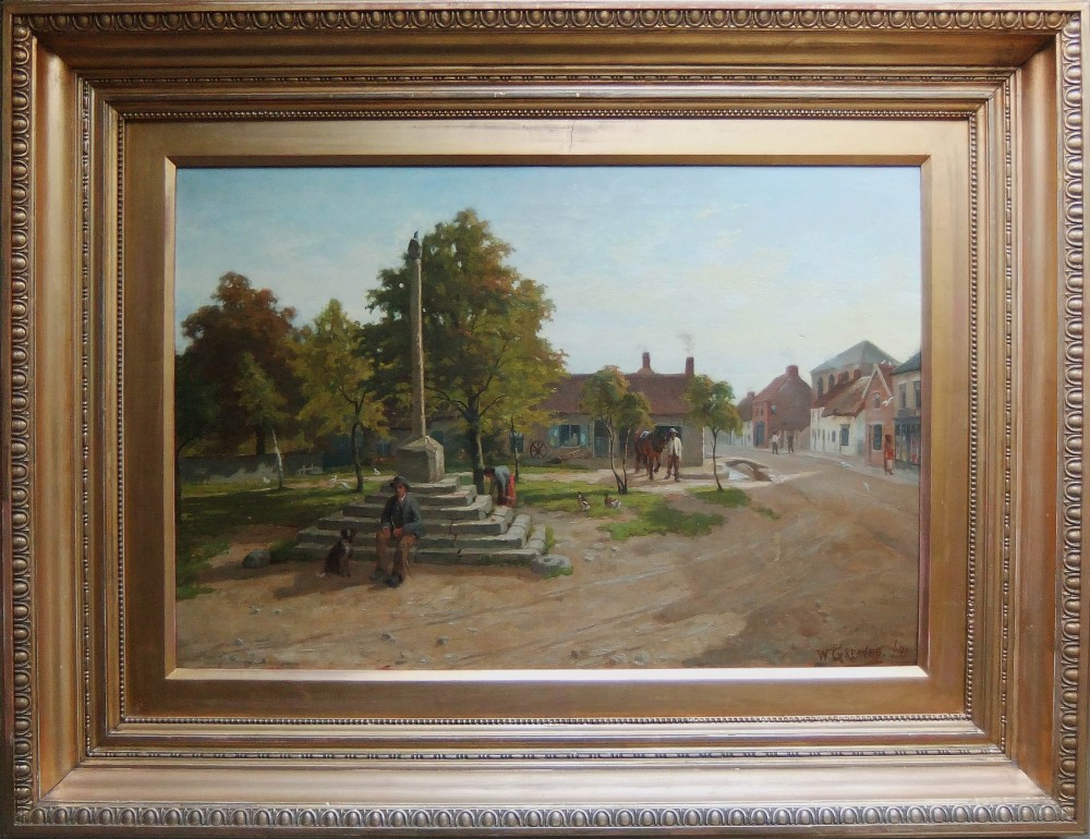 An antique oil painting depicting a historic English village square in Thornton le Dale, featuring a stone market cross, seated figure with a dog, and rural cottages under a daylight sky. View II