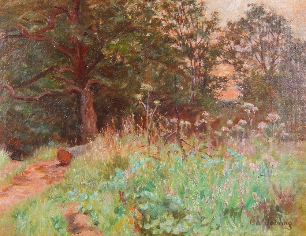 An oil painting depicting a sunlit woodland path flanked by dense trees, tall grasses, and wild flora, signed by Isa Jobling in the lower right corner.