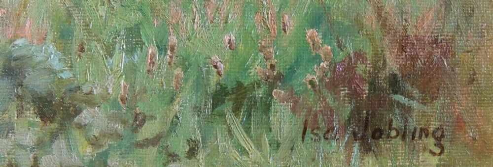 An oil painting depicting a sunlit woodland path flanked by dense trees, tall grasses, and wild flora, signed by Isa Jobling in the lower right corner. View III