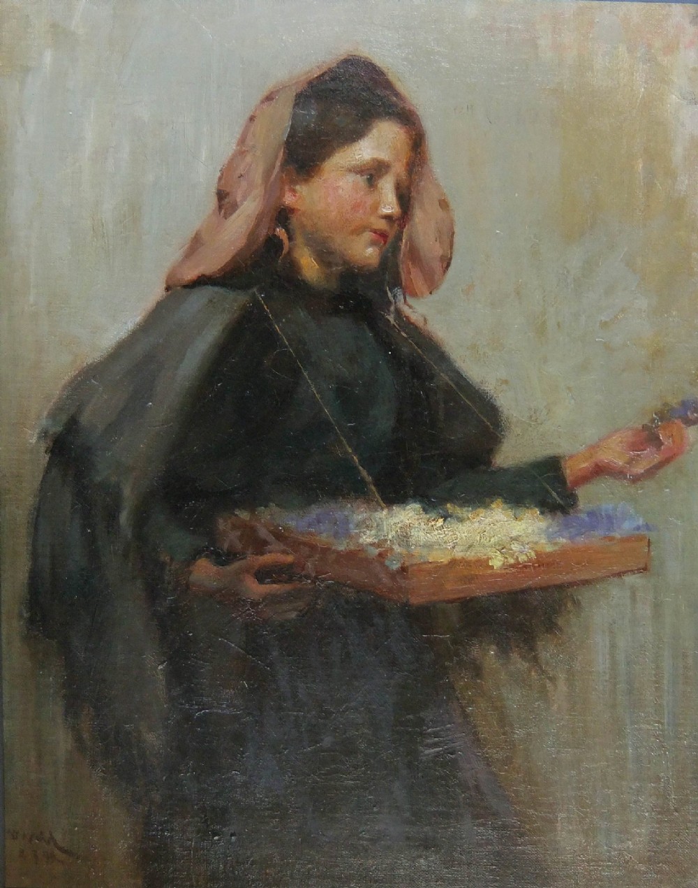 An oil painting on canvas depicting a young girl wearing a pink headscarf and dark garment, holding a small wooden tray filled with light-coloured flowers.