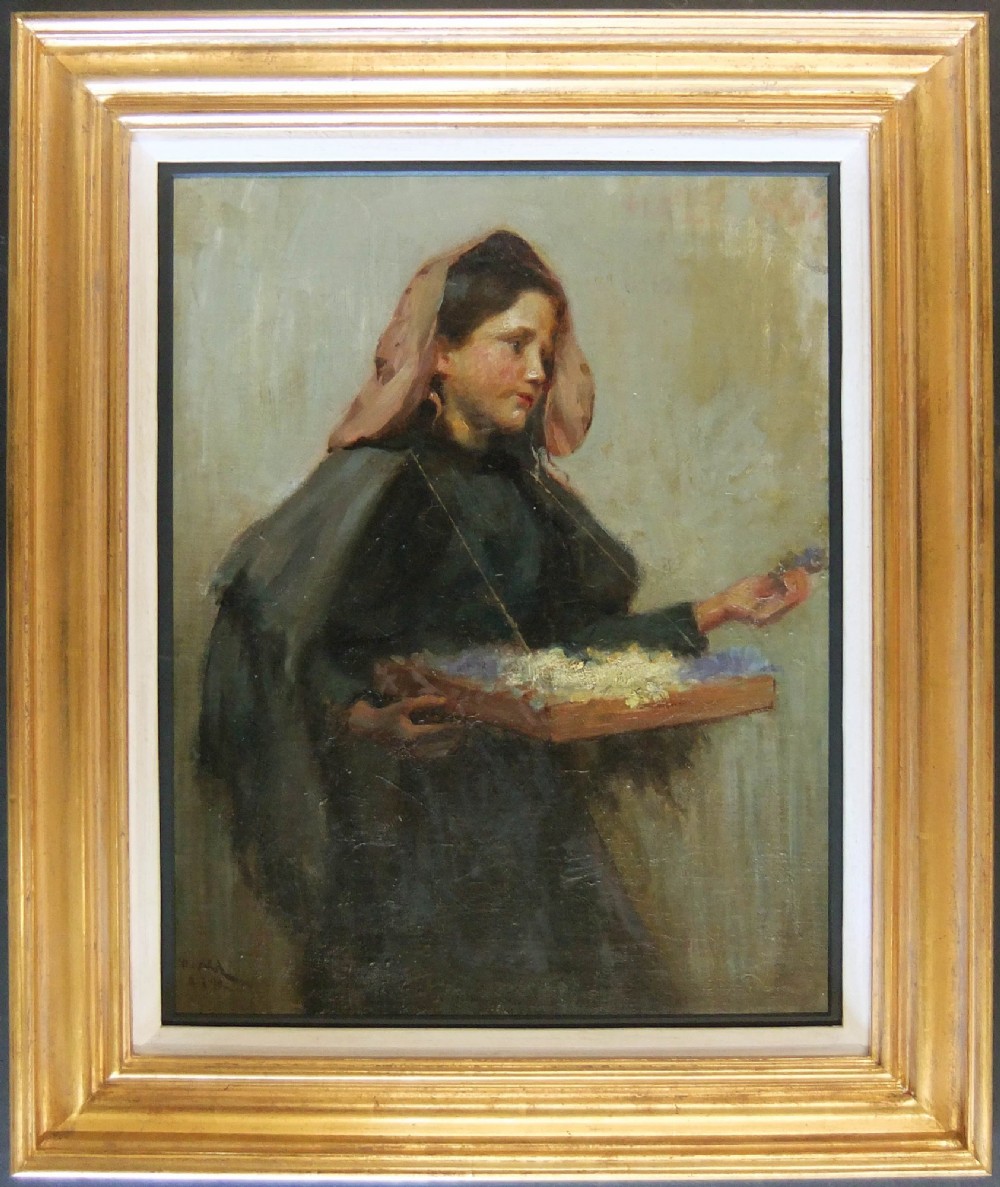 An oil painting on canvas depicting a young girl wearing a pink headscarf and dark garment, holding a small wooden tray filled with light-coloured flowers. View II
