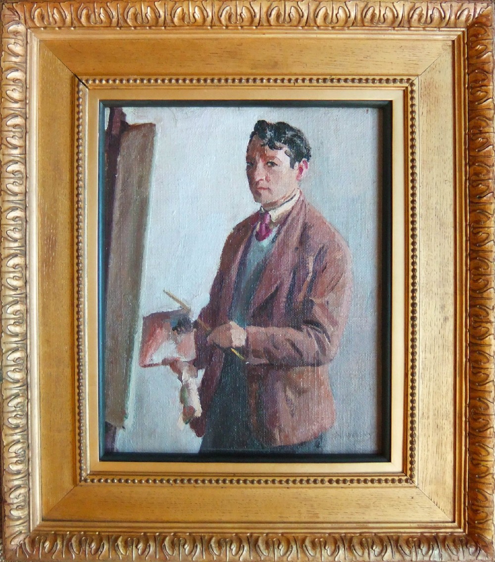 An oil painting depicting a male artist holding an artist palette in front of an easel within a carved gold leaf frame.