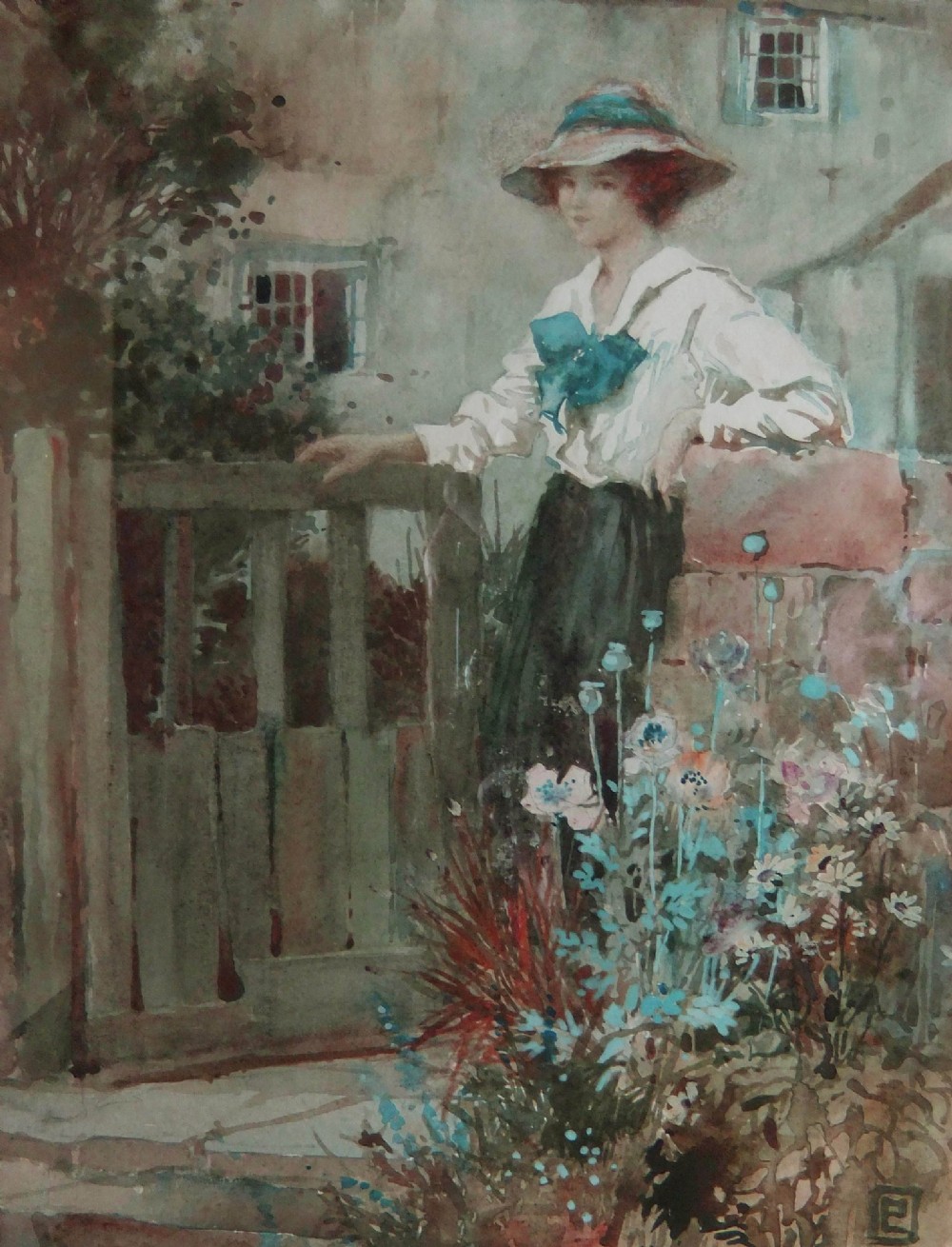 A watercolour portrait painting depicting a woman wearing a wide-brimmed hat leaning against a stone wall beside a wooden cottage gate and blooming flowers.
