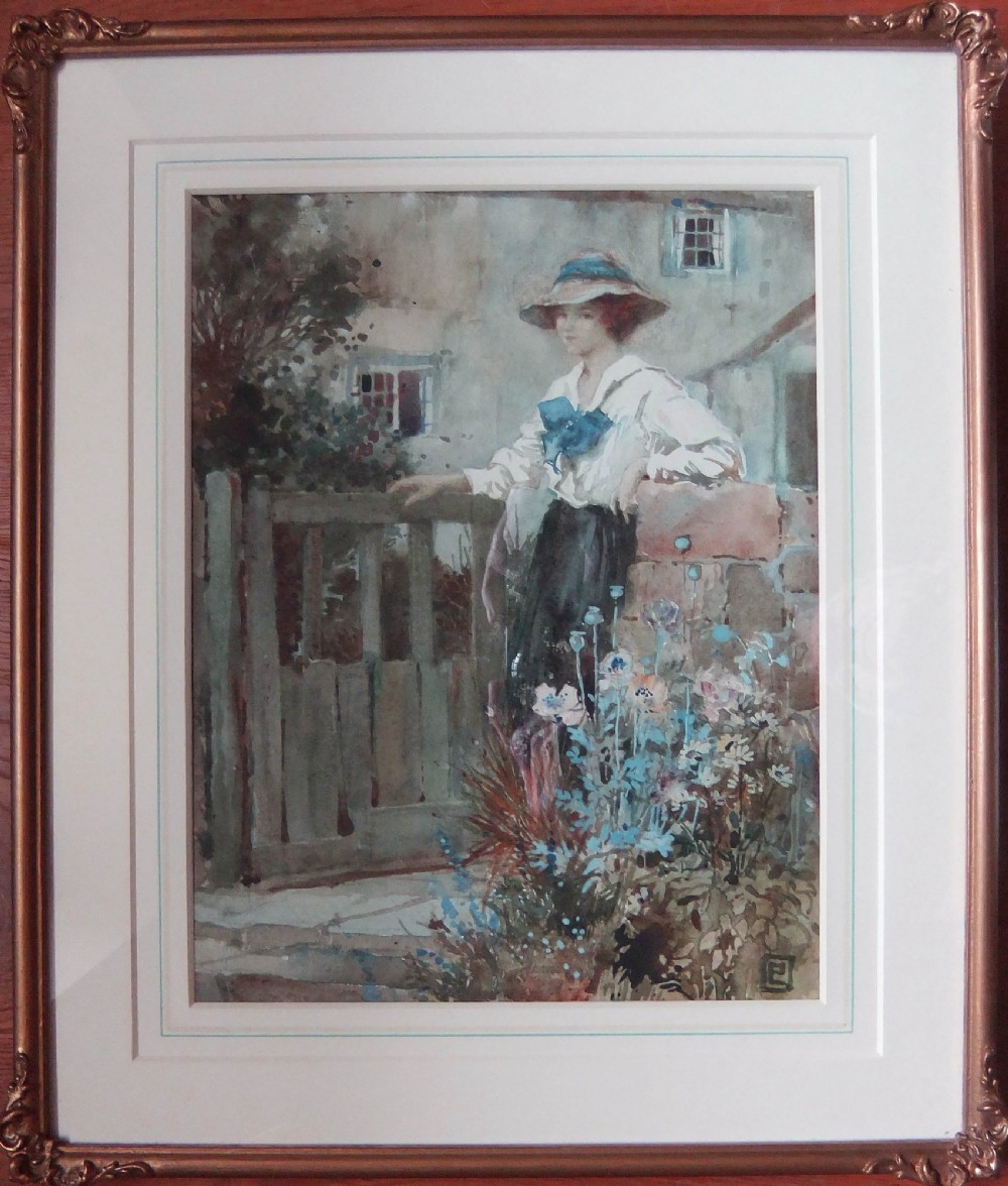 A watercolour portrait painting depicting a woman wearing a wide-brimmed hat leaning against a stone wall beside a wooden cottage gate and blooming flowers. View II
