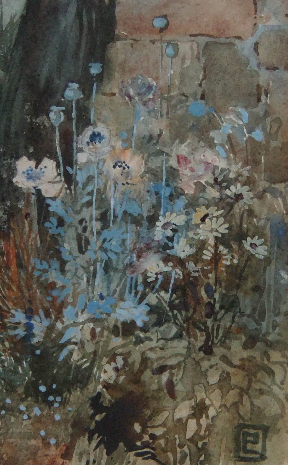 A watercolour portrait painting depicting a woman wearing a wide-brimmed hat leaning against a stone wall beside a wooden cottage gate and blooming flowers. View IV