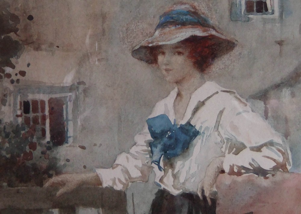 A watercolour portrait painting depicting a woman wearing a wide-brimmed hat leaning against a stone wall beside a wooden cottage gate and blooming flowers. View V